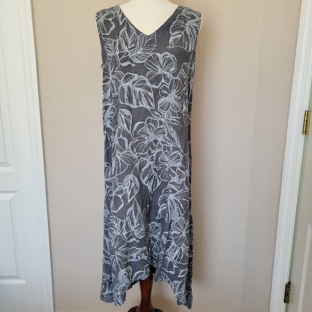 Rosemarine 100% Linen Midi Dress Sz M Sleeveless Shift Lagenlook Floral Gray New